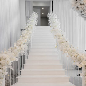 White stairs decorations for wedding and reception done by Makkah Decorations